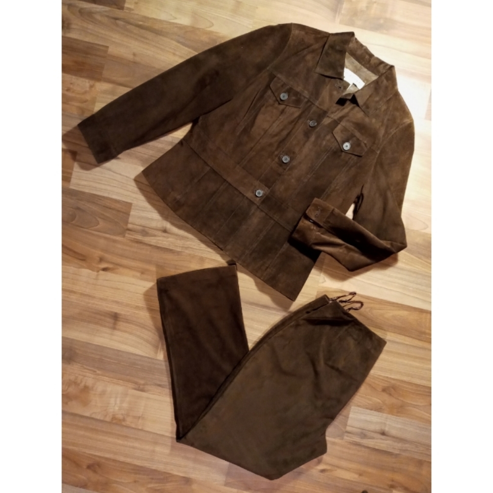 2pc. Real leather jacket + pants sueded petite short large LP 100% genuine